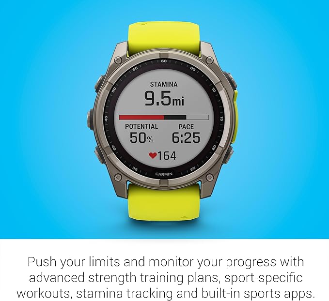 Garmin Fenix 8 Premium Multisport GPS Running Smartwatch, 51 mm, Sapphire, Solar, Built-in Flashlight, Titanium with Amp Yellow/Graphite Band with Signature Series Charging Stand