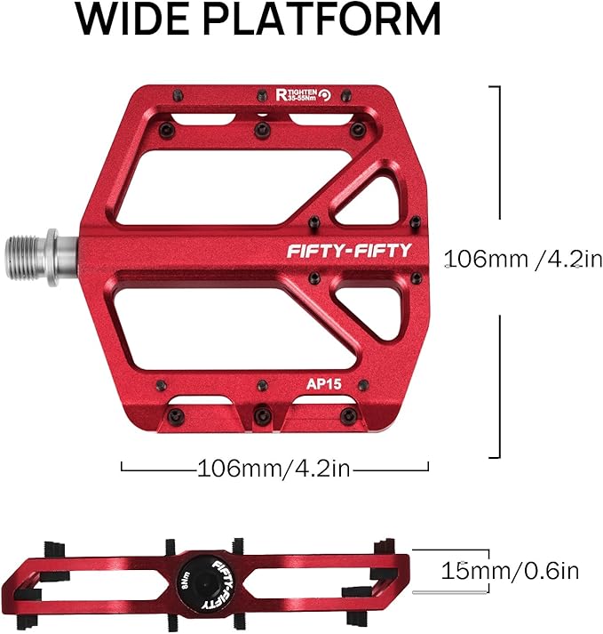 FIFTY-FIFTY Mountain Bike Pedals, Non-Slip and Aluminum Alloy Bicycle Flat Pedals, 9/16" Sealed Bearing, Lightweight and Wide Platform for All Mountain, Enduro, Downhill, E-Bike, MTB