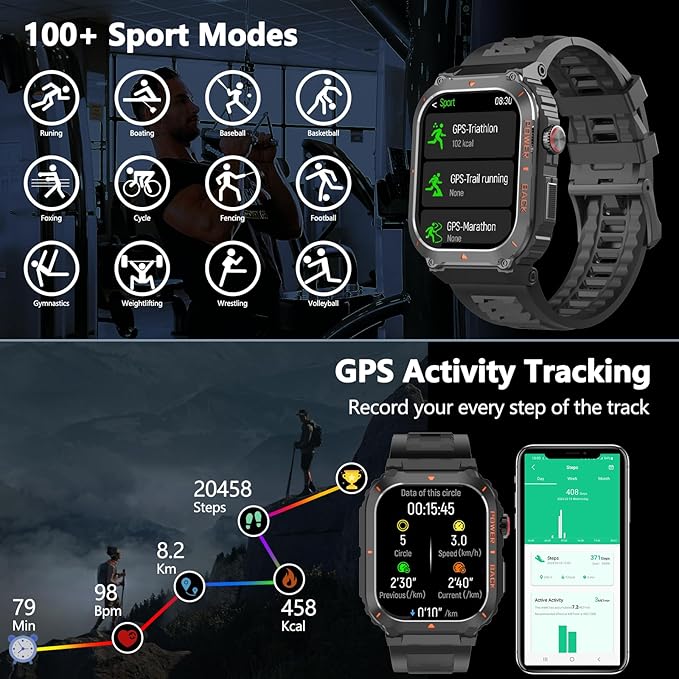 Smart Watch for Men, Military GPS Smartwatches with Call/Text, Health Monitor(Heart Rate/SpO2/Sleep), Compass/Altitude/Barometer, Outdoor Fitness Tracker for iPhone/Android(with GPS, Black)