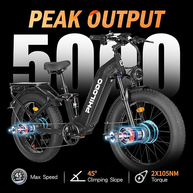 5000w Dual Motor Electric Bicycles, 60V Battery E-Bike with 45 MiIe P-Hour Electric Bike for Adults, 26 Fat Tire Hunting Ebike for All Terrain, Full Suspension Electric Ebike