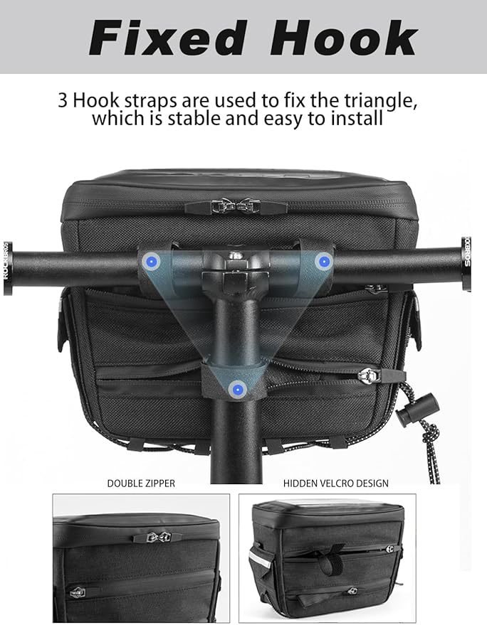 ROCKBROS Bike Handlebar Bag, 3L Waterproof Electric Scooter Bag with TPU Touchscreen, Bicycle Front Storage Pouch Bag, Cycling Accessories for Mountain Bikes, E-Bikes & Folding Bicycles