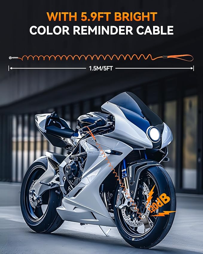 Motorcycle Disc Lock with Alarm, Electric Scooter Lock Heavy Duty Anti-Theft with 120dB Alarm, 5FT Reminder Cable for Helmet Anti-Theft, Rechargeable (Black)