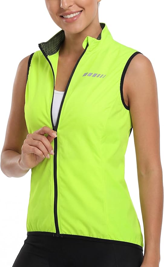 qualidyne Women's Windproof Cycling Vest, Lightweight Full-Zip Breathable Sleeveless Bike Jacket, 1 Back Pocket, Reflective