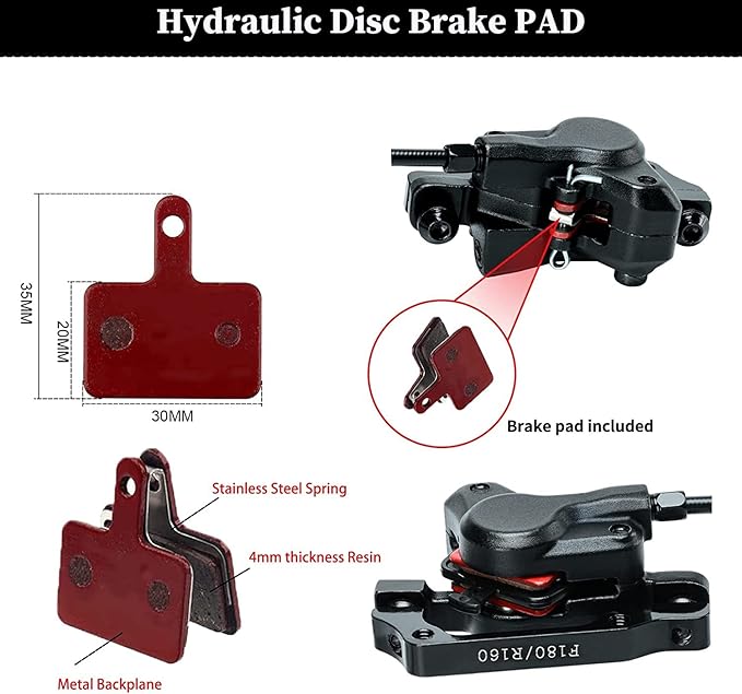 RUJOI MTB Hydraulic Disc Brakes Set, Mountain Bike Right Rear 1450mm Brake Aluminum Alloy Levers with Calipers PM/is Adapter and 160mm Rotor Fit E-Bike(Pred Bled/Pads Included