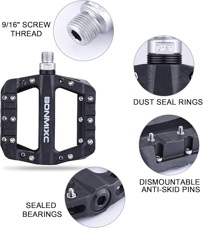 Mountain Bike Pedals Nylon Lightweight MTB Pedals Non-Slip Bicycle Pedals Large Platform Sealed Bearing 9/16” Thread