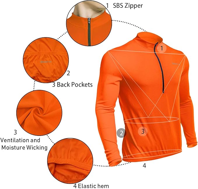 Spotti Men's Cycling Bike Jersey Long Sleeve with 3 Rear Pockets - Moisture Wicking, Breathable, Quick Dry Biking Shirt