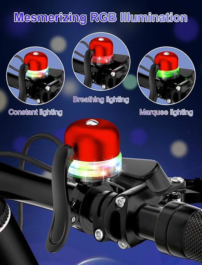 Bike Bell for Kids & Adults, Light up Bike Accessories Adjustable with Ferrules Fit for 0.74-1.25in(19-31.8mm) Bicycle Handlebars, Aluminum Made & Crisp Sound for Mountain Dirt Road Bike Ebike