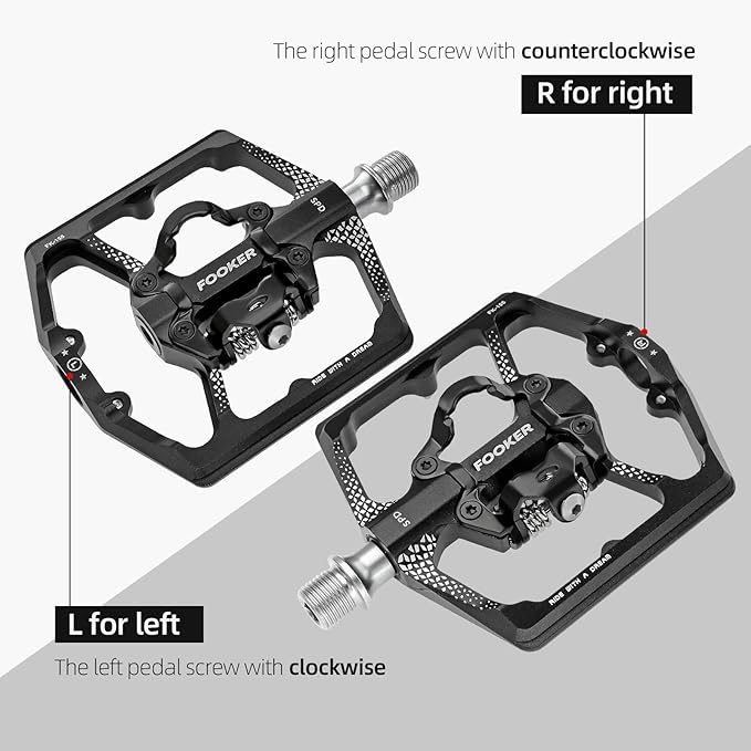 FOOKER MTB Mountain Bike Pedals, Dual Function Flat and Pedal,3 Sealed Bearing Flat Platform Compatible with Clipless Pedal Aluminum 9/16" Pedals with Cleats for Road Mountain BMX MTB
