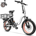 EUYBIKE 1000W Peak Folding Electric Bike City Commuter Ebike, 48V 20AH Lithium Battery, 20" Fat Tire 7-Speed Colourful LCD Display City Commuter Step-Thru E-Bicycle Pink White with Rear Basket