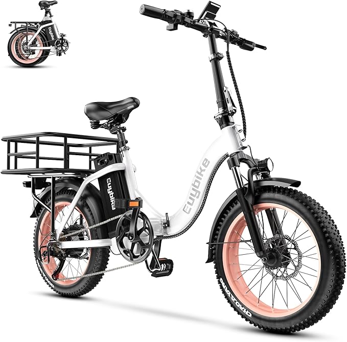 EUYBIKE 1000W Peak Folding Electric Bike City Commuter Ebike, 48V 20AH Lithium Battery, 20" Fat Tire 7-Speed Colourful LCD Display City Commuter Step-Thru E-Bicycle Pink White with Rear Basket