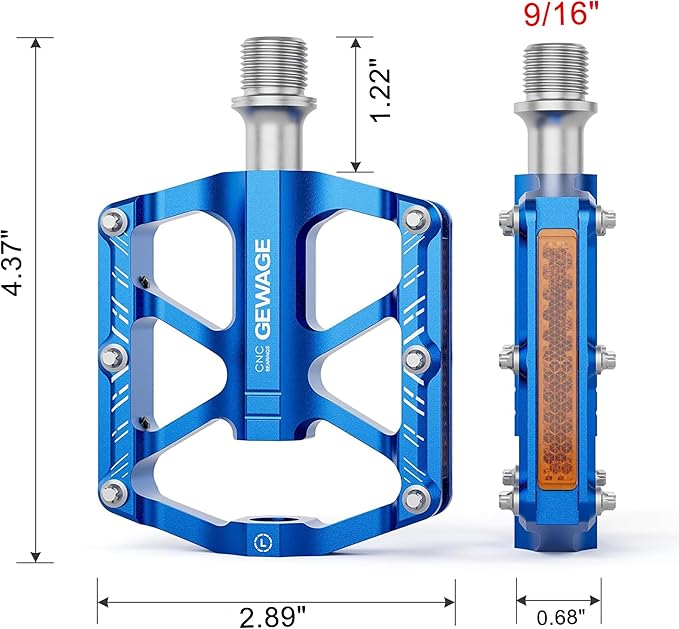 Mountain Bike Pedals - 3 Bearings Bicycle Pedals with Reflectors - 9/16” CNC Machined Flat Pedals with Removable Anti-Skid Nails for Road Mountain BMX MTB Bike