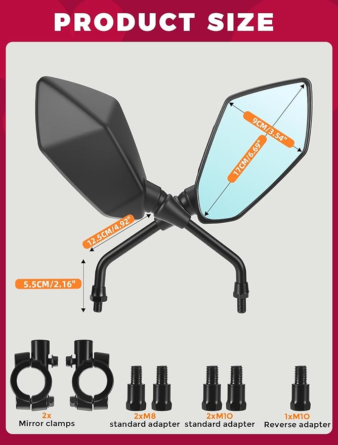Motorcycle Mirrors Side Rearview Mirror for ATV Scooter Moped Cruiser 8mm/10mm Adapters&7/8" Handlebar Mount,for Polaris Sportsman Yamaha Grizzly Honda Rincon Arctic Cat
