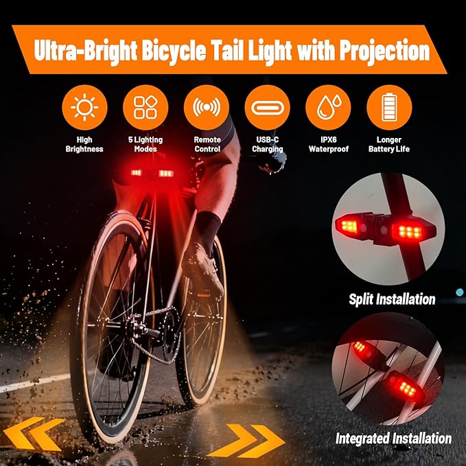 Bike Turn Signals with Projector 5 Modes USB Rechargeable Bike Tail Light Remote Control Waterproof Split Ebike Bicycle Turn Signals Front and Rear for Night Riding and Commuting Safety-4PCS
