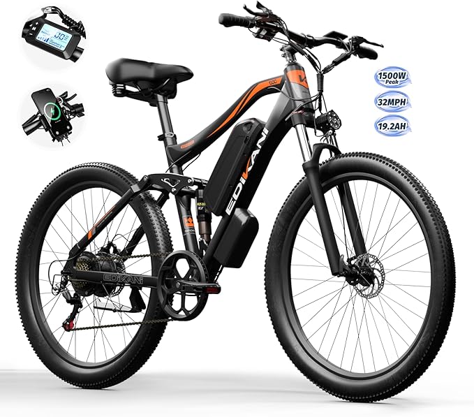 EDIKANI Electric Bike for Adults 27.5" 1500W Peak Ebike 19.2Ah Battery Max 32Mph Electric Mountain Bike with Full Suspension 80 Miles E Bicycle for Commuter
