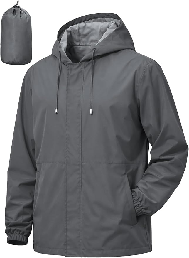 Men's Rain Jacket Waterproof Windbreaker Raincoat Cycling Running Hiking Golf Travel Gear Hood Lightweight Packable