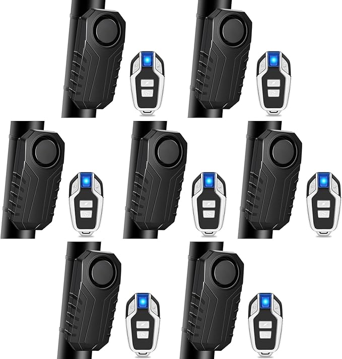 Bike Alarm with Remote,Bicycle Alarm Wireless,113dB Loud Bike Alarms for E-Bikes, Motorcycles, Scooter, Cars, Trailers, Luggage, Outdoor Riding and Cycling Safety IP65 Waterproof, 7Pcs