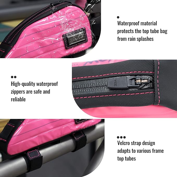 RideRow Compact Bike Top Tube Bag – Waterproof Bicycle Frame Pouch, Fits Up to 6.1" Phone, Narrow No-Rub Design, Secure 3-Point Mount, Cycling Storage for Mountain & Road Bike (Pink)