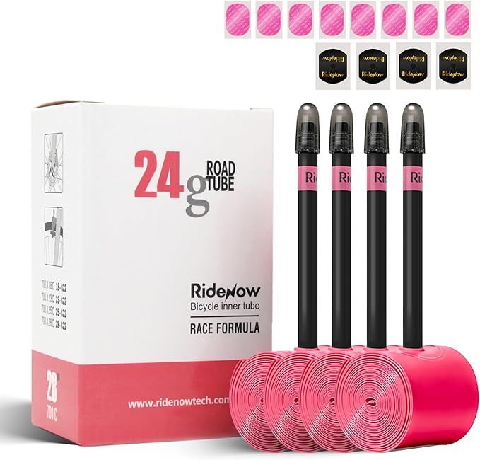 Ridenow 4-Pack Bike Inner Tube for 700/18C-28C, 700/18C-32C with 65/85 mm Metal &TPU Presta Valves for Road Bikes, Super Light Puncture Resistant Bicycle Inner Tube(Include Patch Repair Kits)