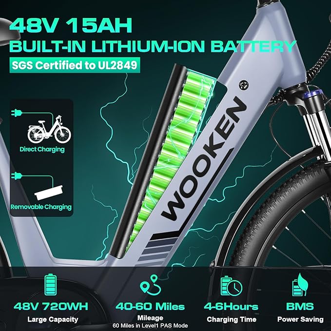 Wooken Electric Bike for Adults, 1000W Peak Ebike, 26" x 2.1" Tire Step Through Electric Bike, City Cruiser Ebike with 48V 10.4/15Ah Removable Battery, 7 Speed, SGS Certified to UL2849