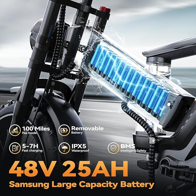2000W/3000W Peak Motor Electric Bike for Adults, 48V/52V 25AH/30AH Battery Full Suspension Foldable Ebike, 20"x4.0" Fat Tires 35MPH Dirt Bike, 100/120 Miles Hydraulic Brake Magnesium Alloy Motorcycle