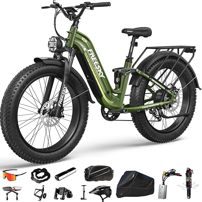 FREESKY Wildcat Ultra 3000W Electric Bike for Adults 105mile Long Range Step-Thru Ebike Motor 37MPH Dirt E Bike 25Ah Samsung Battery 26'' Fat Tire Electric Bicycle Full Suspension for Commute