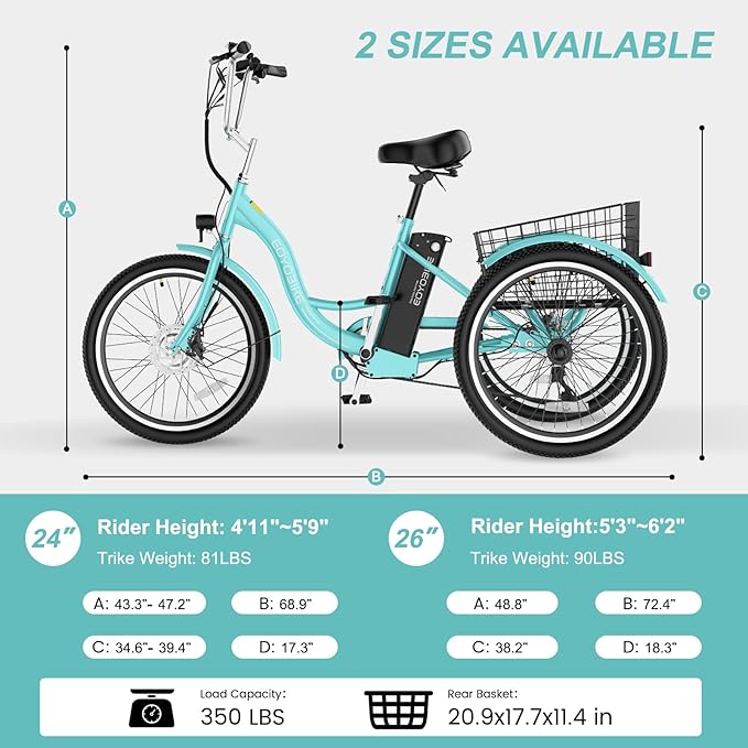 Electric Tricycle for Adults Seniors, 24/26 Inch 3 Wheel E-Trike, 350W Motor (700W Peak), Removable 36V Battery, Up to 15.5MPH, 25-60Mile Range, Low Step-Through, Rear Basket, 350lbs Capacity, 7 Speed