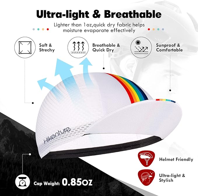 Hikenture Cycling Cap,Cooling Skull Cap Bike Hat with Sun Visor, Summer Breathable Helmet Liner Biking Cap for Men Women