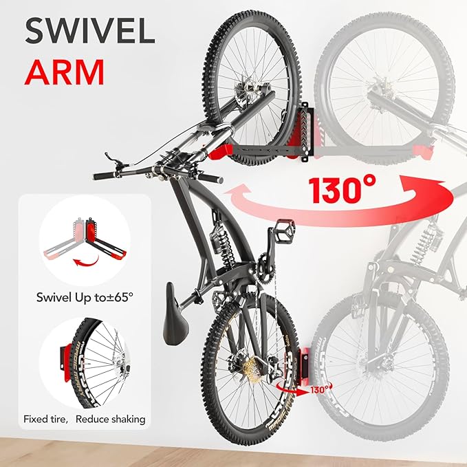 3-Pack Swivel Bike Rack Wall Mount, Bike Hangers for Garage, Space-Saving Vertical Bike Holder, Holds up to 77 lbs, Bicycle Wall Hanger Storage, No Heavy Lifting Required Indoor Hanging Bike Rack-Red