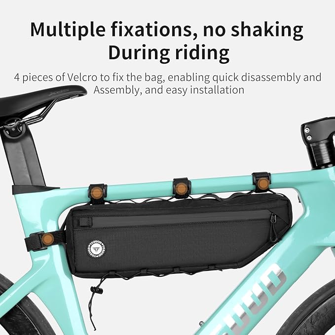 Bike Frame Bag 2L/3L – Waterproof 600D/Scratch-Proof, 7" Phone Fit, 4-Point & Multi-Position Anti-Sway Straps, Full-Side Zipper Quick Access, Tool-Free Install, Universal MTB/Road/Gravel/E-Bike