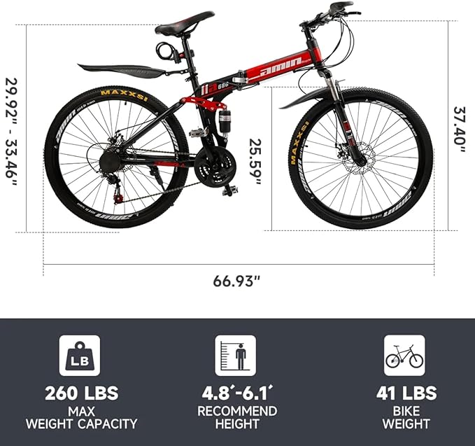 Bruce & Shark 26" Folding Mountain Bike for Men, 21 Speeds Full Suspension Commuter Bicycle, High Carbon Steel & Disc Brakes, Portable City Outdoor Bike for Adult Youth Teen