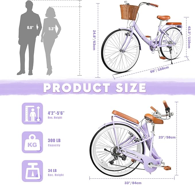 26Inch Foldable Women Bike, Womens Folding Bike with Basket, 7 Speed Beach Cruiser Fodable Bike for Women with Cushion, V-Brakes, Quick Install for Adults, Womens (Purple)