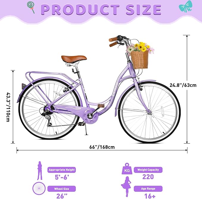 26 Inch Folding Beach Cruiser Bike for Women, 7-Speed Ladies Bike with Basket & Rack, Perfect for City Commuting's Bicycle, Ideal for Women and Adults
