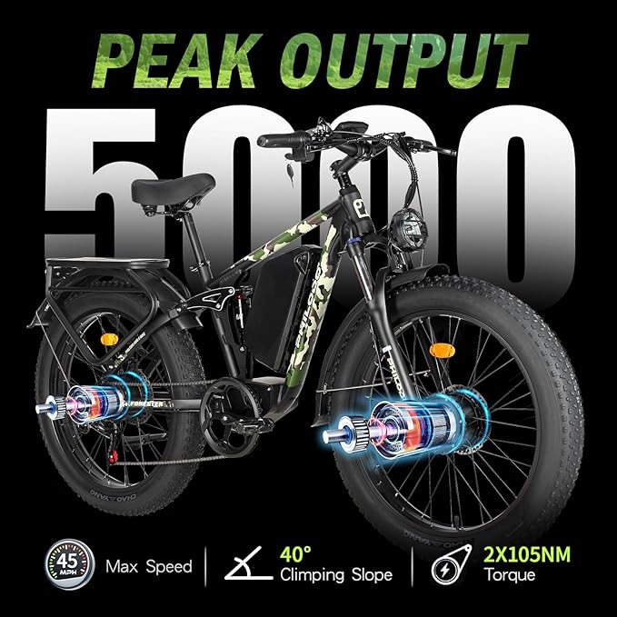 5000w Dual Motor Electric Bicycles, 60V Battery E-Bike with 45 MiIe P-Hour Electric Bike for Adults, 26 Fat Tire Hunting Ebike for All Terrain, Full Suspension Electric Ebike