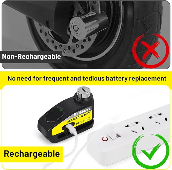 Motorcycle Lock Rechargeable, 120dB Alarm Disc Brake Locks Anti-Theft Security Wheel Disc Lock Waterproof with 5ft Reminder Cable and Carry Pouch for Motorbike Bike Scooter