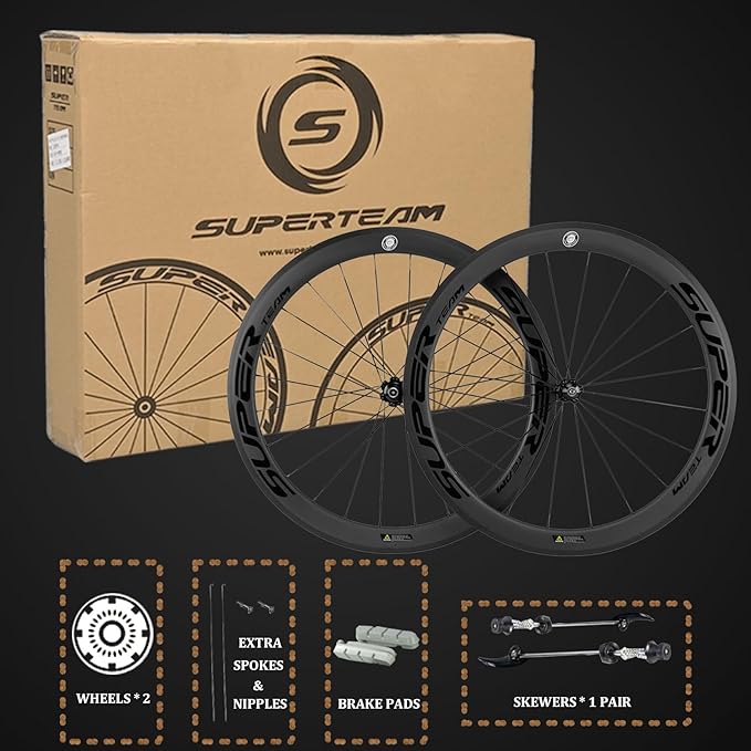 Superteam Carbon Wheelset 700c Rim V Brake 50mm Depth 25mm Width Road Bike Wheels Matte Finish, Tubeless Ready Support for 8-12 Speed Clincher & Tubeless