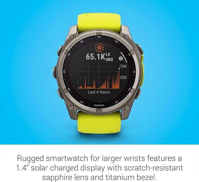 Garmin Fenix 8 Premium Multisport GPS Running Smartwatch, 51 mm, Sapphire, Solar, Built-in Flashlight, Titanium with Amp Yellow/Graphite Band with Signature Series Charging Stand