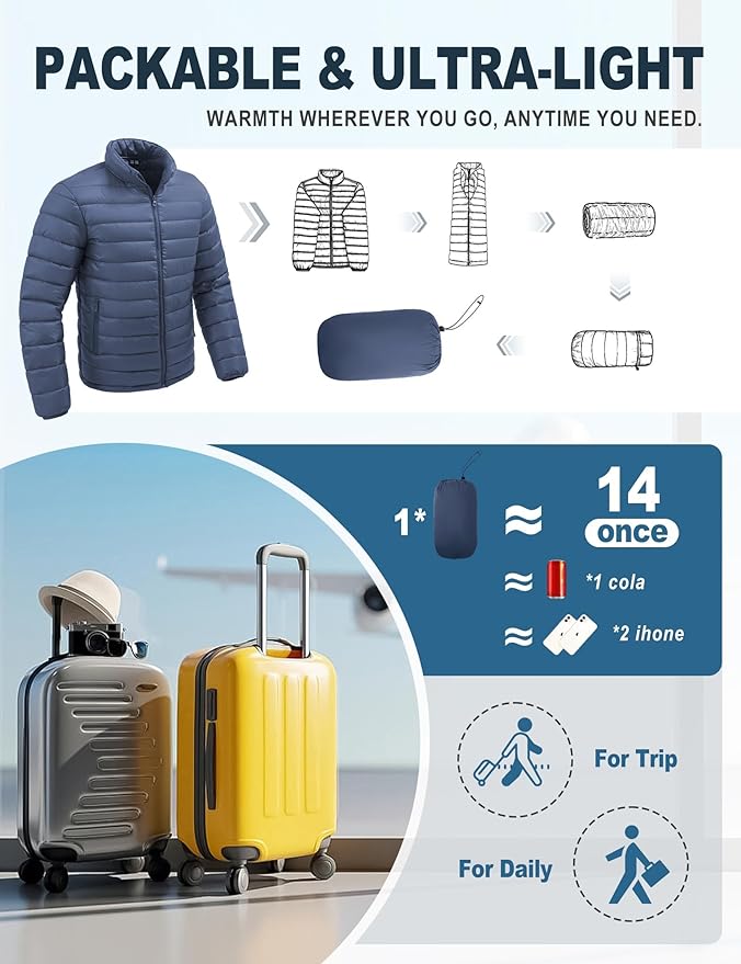 Men's Lightweight Packable Puffer Jacket Insulated Warm Winter Jackets Puffy Coat for Ski Hiking Travel