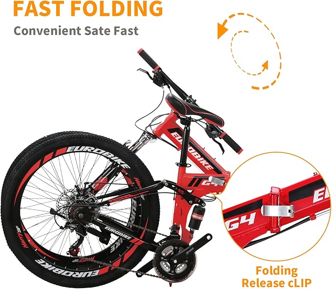EUROBIKE 26”/27.5" Mountain Bike,Full Suspension Folding Mountain Bike,21 Speed Foldable Bicycle Men or Women MTB for Afult