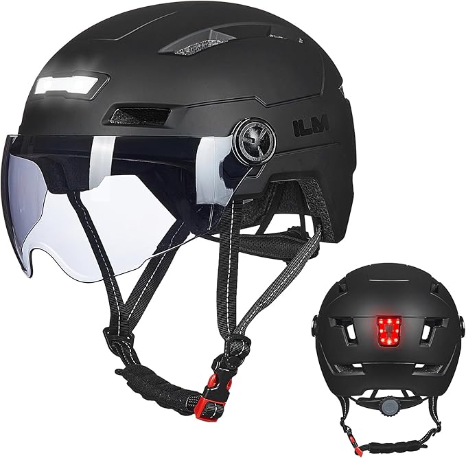 ILM Adult Bike Helmet with USB Rechargeable LED Front and Back Light Mountain&Road Bicycle Helmets for Men Women Removable Goggle Cycling Helmet E3-10L