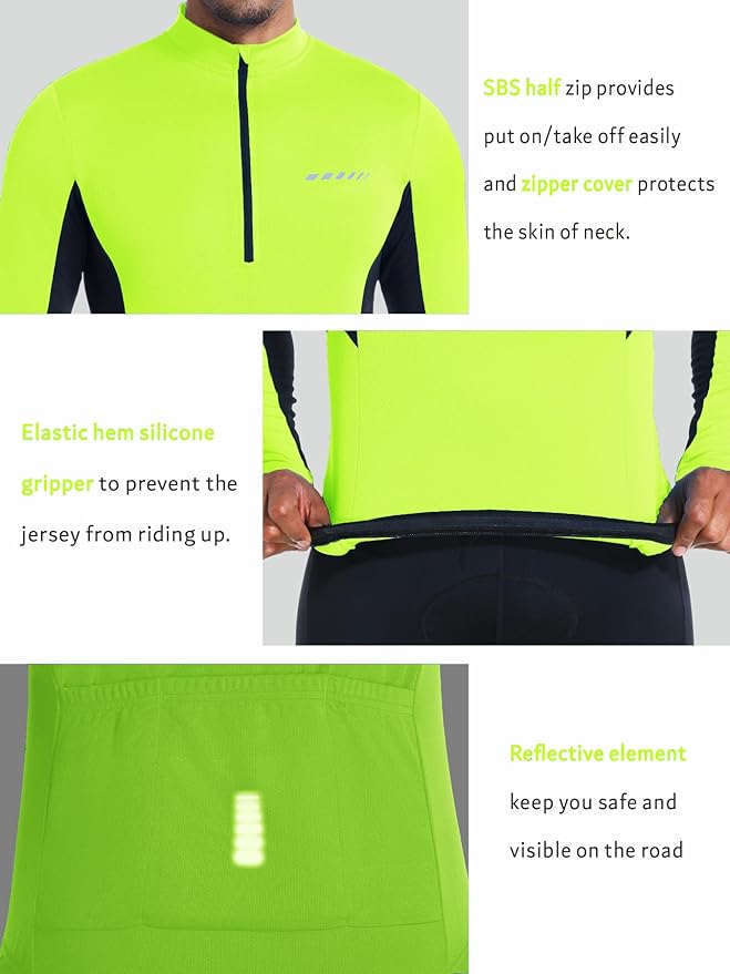 qualidyne Men’s Cycling Jersey Long Sleeve, Quick Dry Moisture-Wicking, UPF 50+, Half Zip Bike Shirt with 3+1 Pockets
