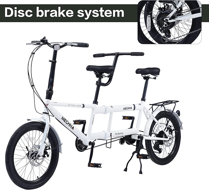 Foldable Tandem Bike, 20”City Tandem Folding Bicycle, 7-Speed Adjustable Cruiser Bike Folding Bike with 3 Seats& Disc Brake, CE FCC CCC