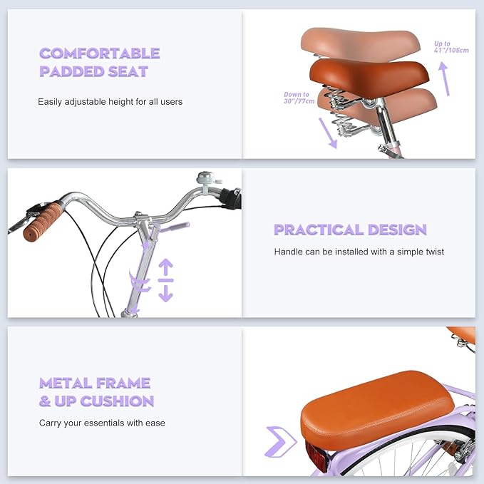 26Inch Foldable Women Bike, Womens Folding Bike with Basket, 7 Speed Beach Cruiser Fodable Bike for Women with Cushion, V-Brakes, Quick Install for Adults, Womens (Purple)