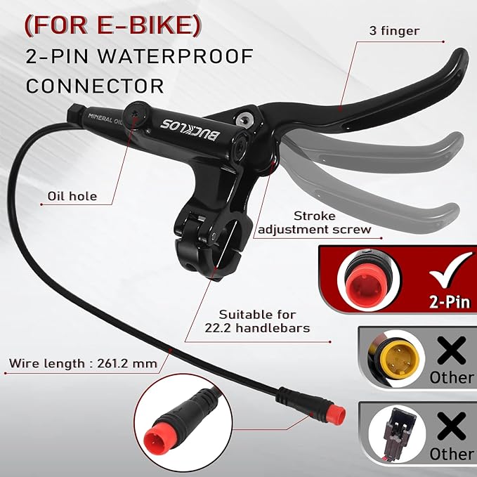 BUCKLOS EBike 2-PIN 4 Pistons Electric Power Off MTB Hydraulic Disc Brake Set,E-Bike Left Front 1150mm Right Rear 1950mm Aluminum Alloy Caliper Lever for ebike/Scooter/Mountain Bike HD-E735(Pre-Bled)
