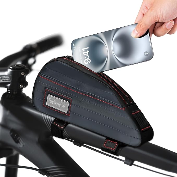 RideRow Compact Bike Top Tube Bag – Waterproof Bicycle Frame Pouch, Fits Up to 6.1" Phone, Narrow No-Rub Design, Secure 3-Point Mount, Cycling Storage for Mountain & Road Bike (Black)