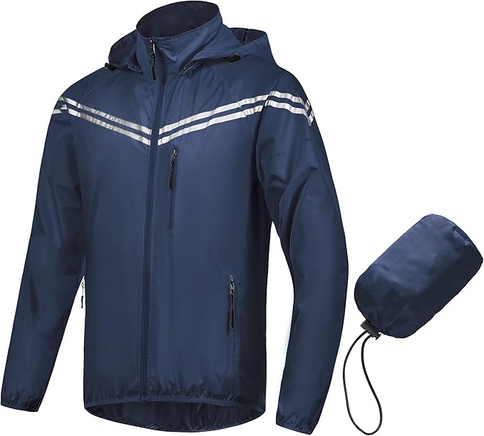 CREATMO US Men's Packable Waterproof Running Rain Coats Reflective Cycling Jacket Windbreaker With Removable Hood