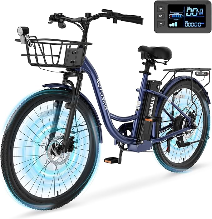 350W Electric Bike for Adults, 20MPH 7-Speed Commuter Ebike with 36V 10.4Ah Battery, Aluminum Frame, Front Suspension, Dual Disc Brakes, E Bicycle with Basket & Rear Rack, 330 lbs Load