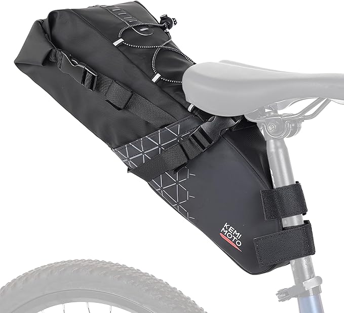 KEMIMOTO Bike Saddle Bag, Bike Seat Bag Expandable 11L-13L Fully Waterproof Bikepacking Pouch, Night Safety Reflective Strips, Bicycle Seat Bag With PVC Reflective Panel Max
