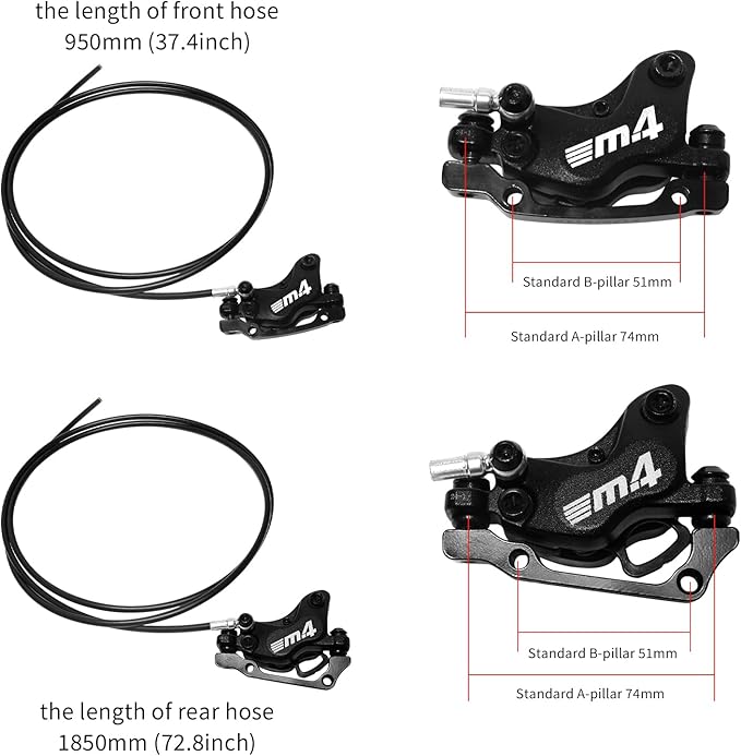ZTZ 4-Piston eBike Hydraulic Brake Set,2-PIN Power-Off Hydraulic Disc Brake for E-Bike,Pre-Bled Hydraulic Brake Kit with Mounting Adapter,Ideal for eBikes and Electric Scooters