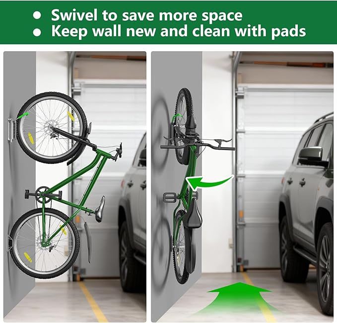 Swivel Bike Wall Mount Rack, Bike Hangers for Garage, 150° Swivel & Space-Saving Vertical Bike Hangers for Storage, Sturdy Bike Stand Holds Up to 66lbs, Easy to Install，2Pack