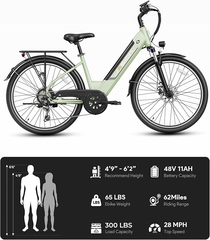 Jasion Roamer/ST/YC1 Electric Bike for Adults, 26" Commuter Ebike 1200W 528WH Removable Battery, 28MPH 62miles, Electric Bicycles for Women/Man, UL2849 Certified